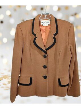 Oleg Cassini Womens Moca Jacket Size 6 Black Trim 100% Wool